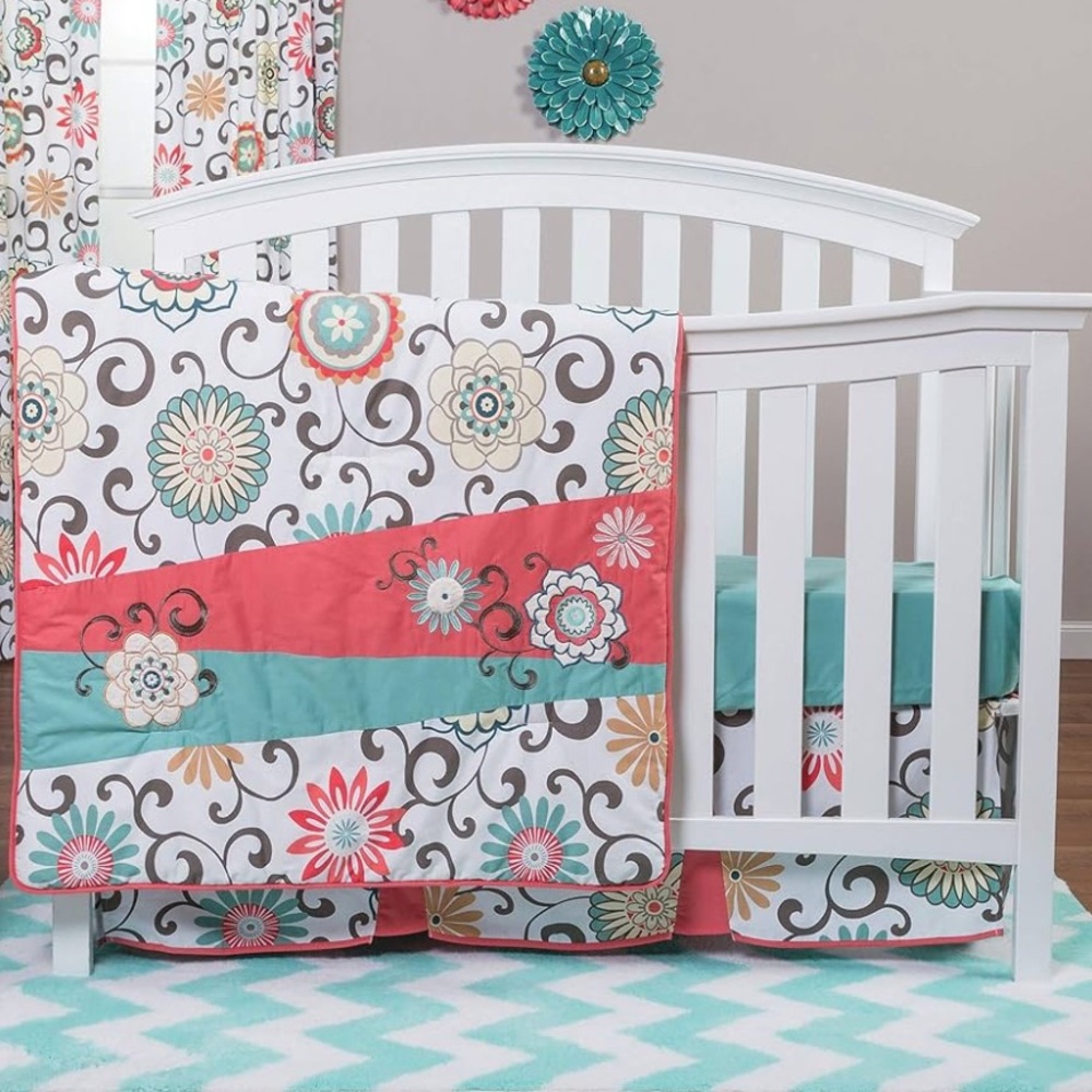 Waverly Pom Pom Play Large Floral Print 4 Piece Baby Girl Crib Bedding Set